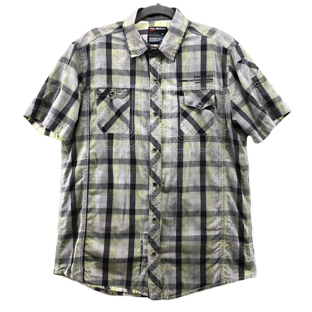 Projek Raw Gray Yellow‎ Plaid Button Up Shirt Mens Medium M Short Sleeve